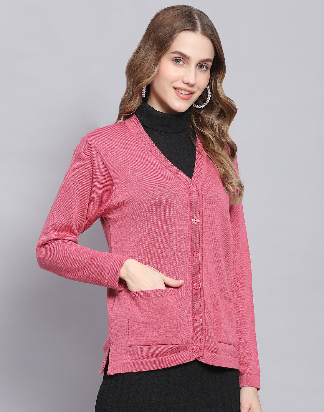 Women Pink Solid V Neck Full Sleeve Cardigan