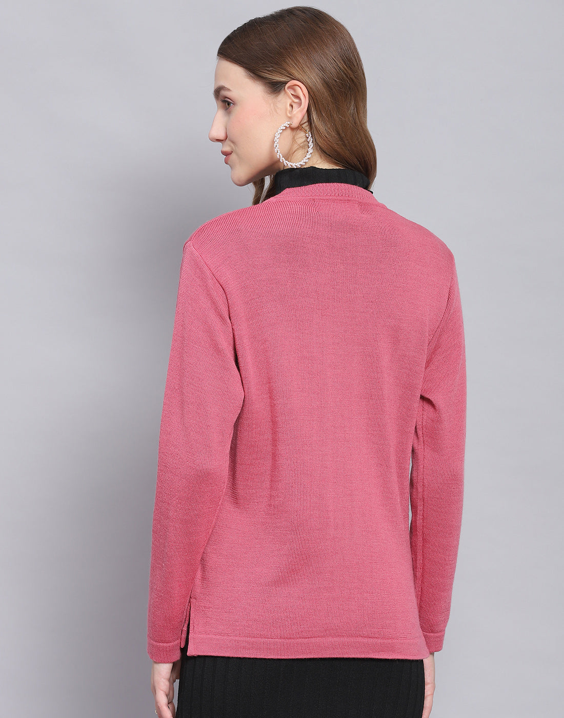 Women Pink Solid V Neck Full Sleeve Cardigan