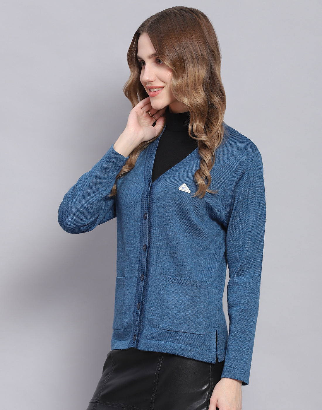 Women Blue Solid V Neck Full Sleeve Cardigan