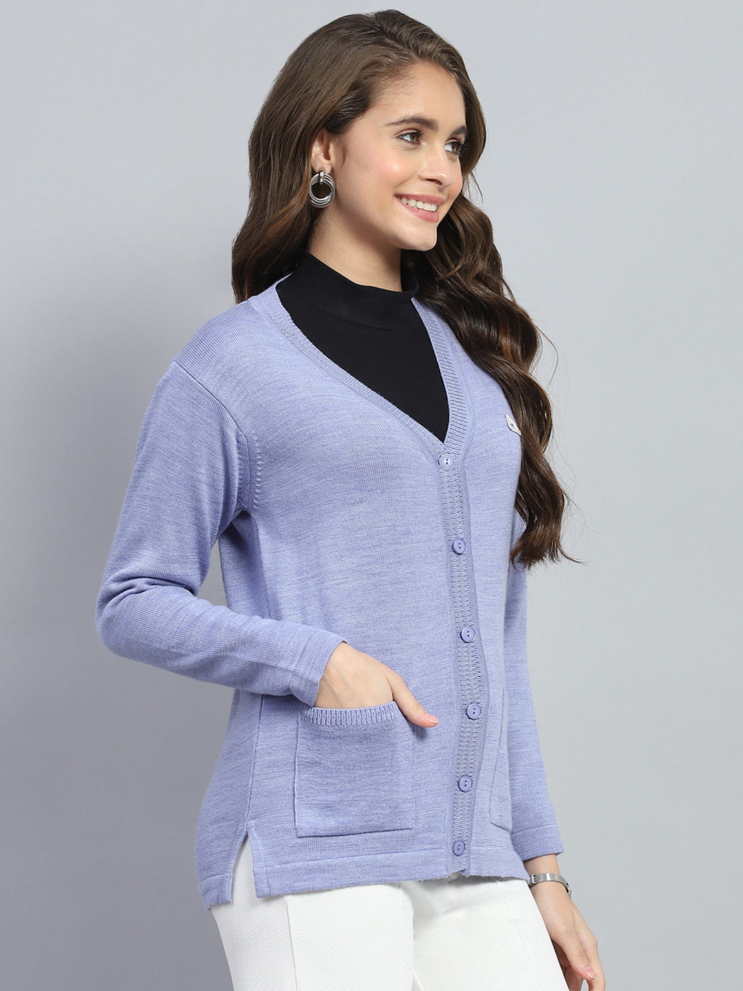 Women Purple Solid V Neck Full Sleeve Cardigan