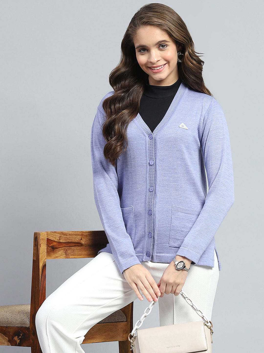 Women Purple Solid V Neck Full Sleeve Cardigan