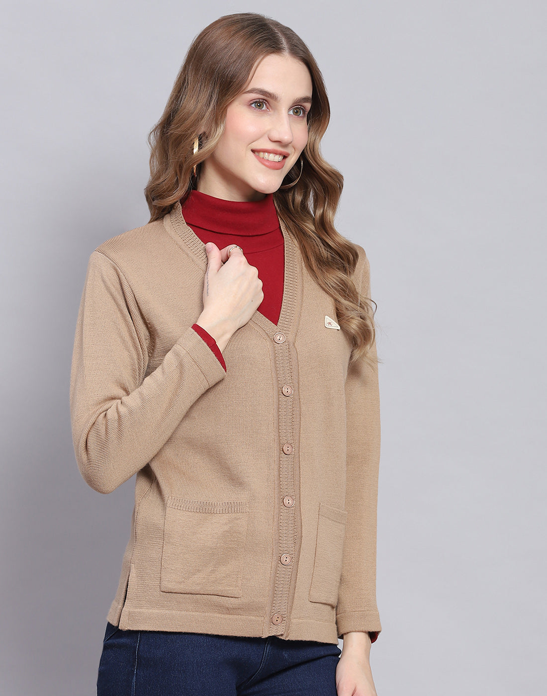 Women Camel Brown Solid V Neck Full Sleeve Cardigan