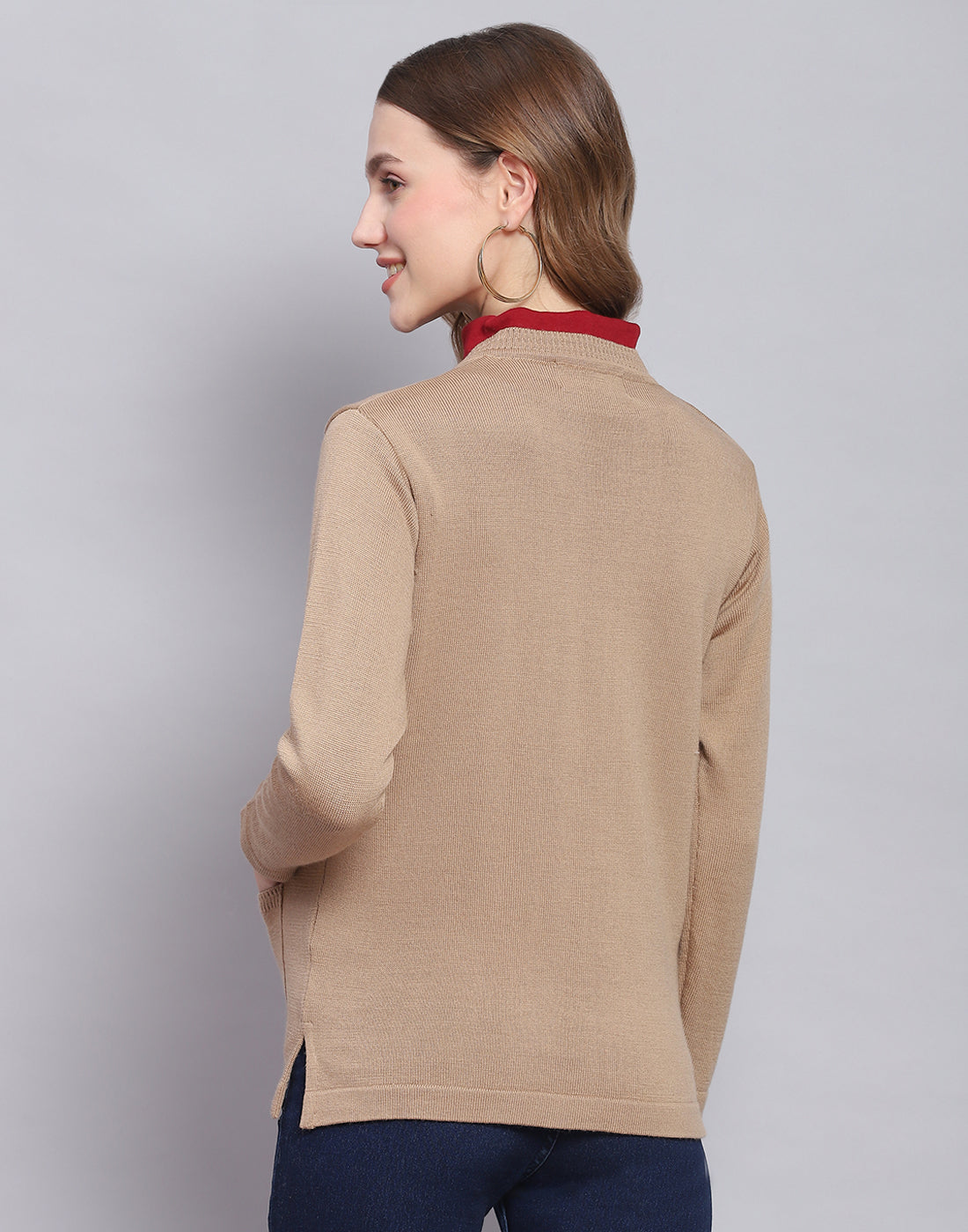 Women Camel Brown Solid V Neck Full Sleeve Cardigan