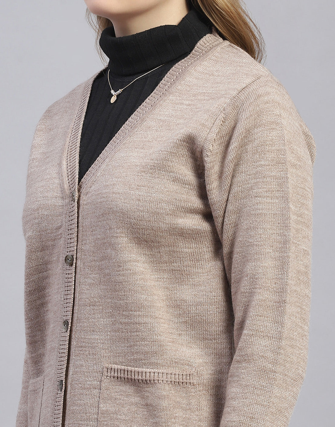 Women Brown Solid V Neck Full Sleeve Cardigan