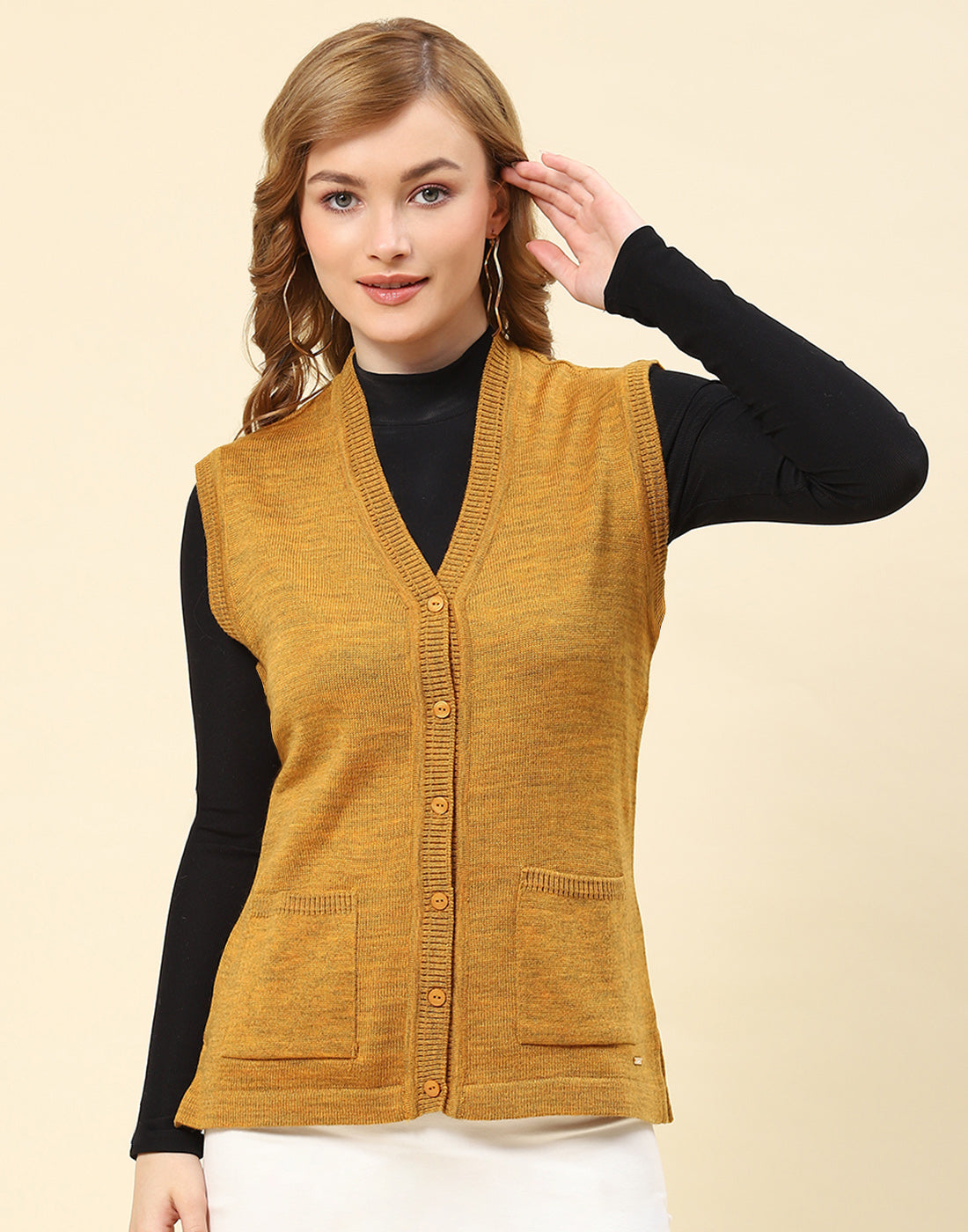 Women Mustard Solid V Neck Sleeveless Cardigan