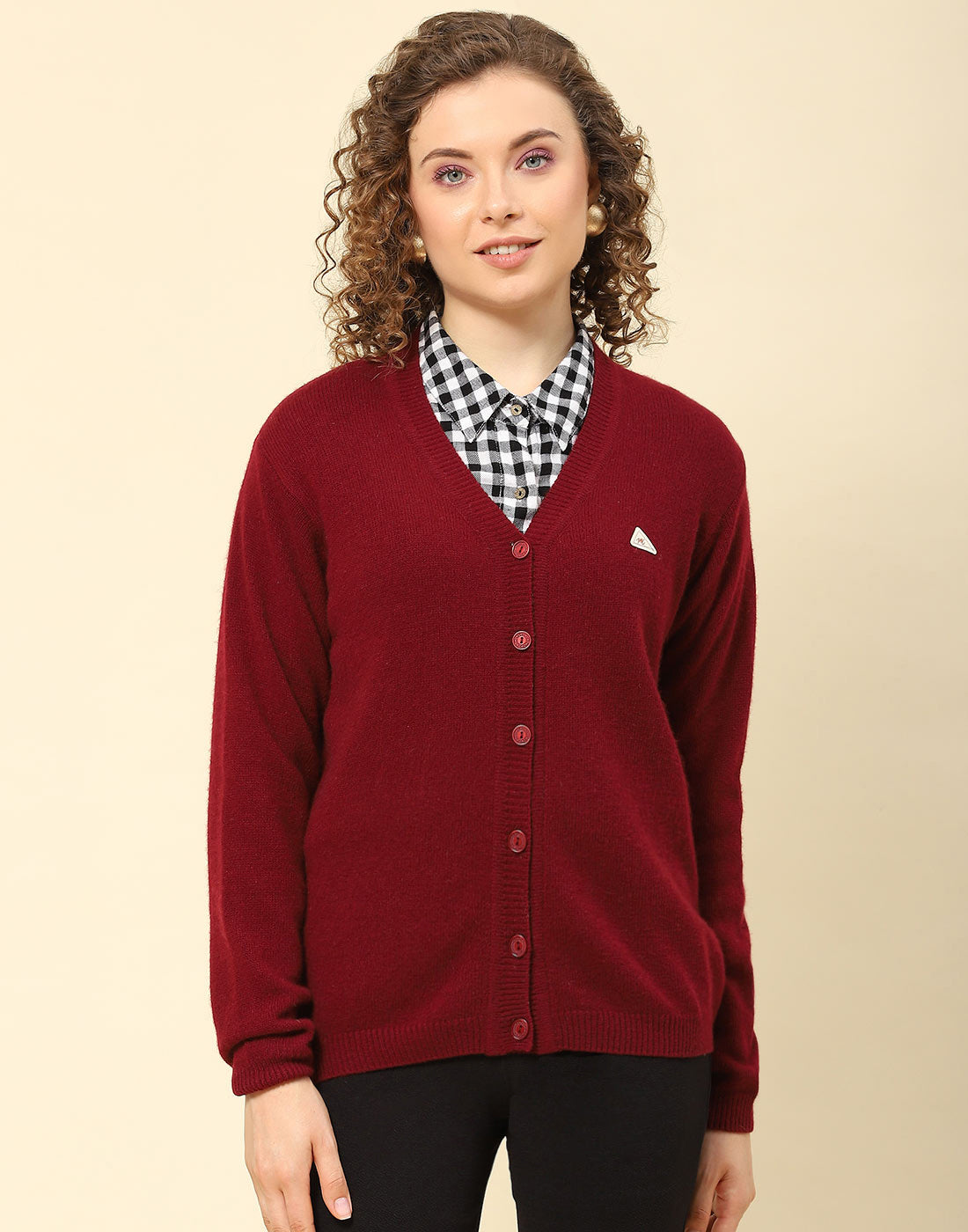 Women Maroon Solid V Neck Full Sleeve Cardigan