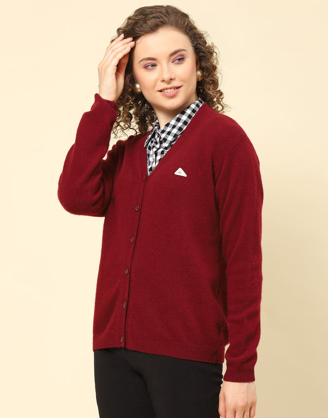 Women Maroon Solid V Neck Full Sleeve Cardigan