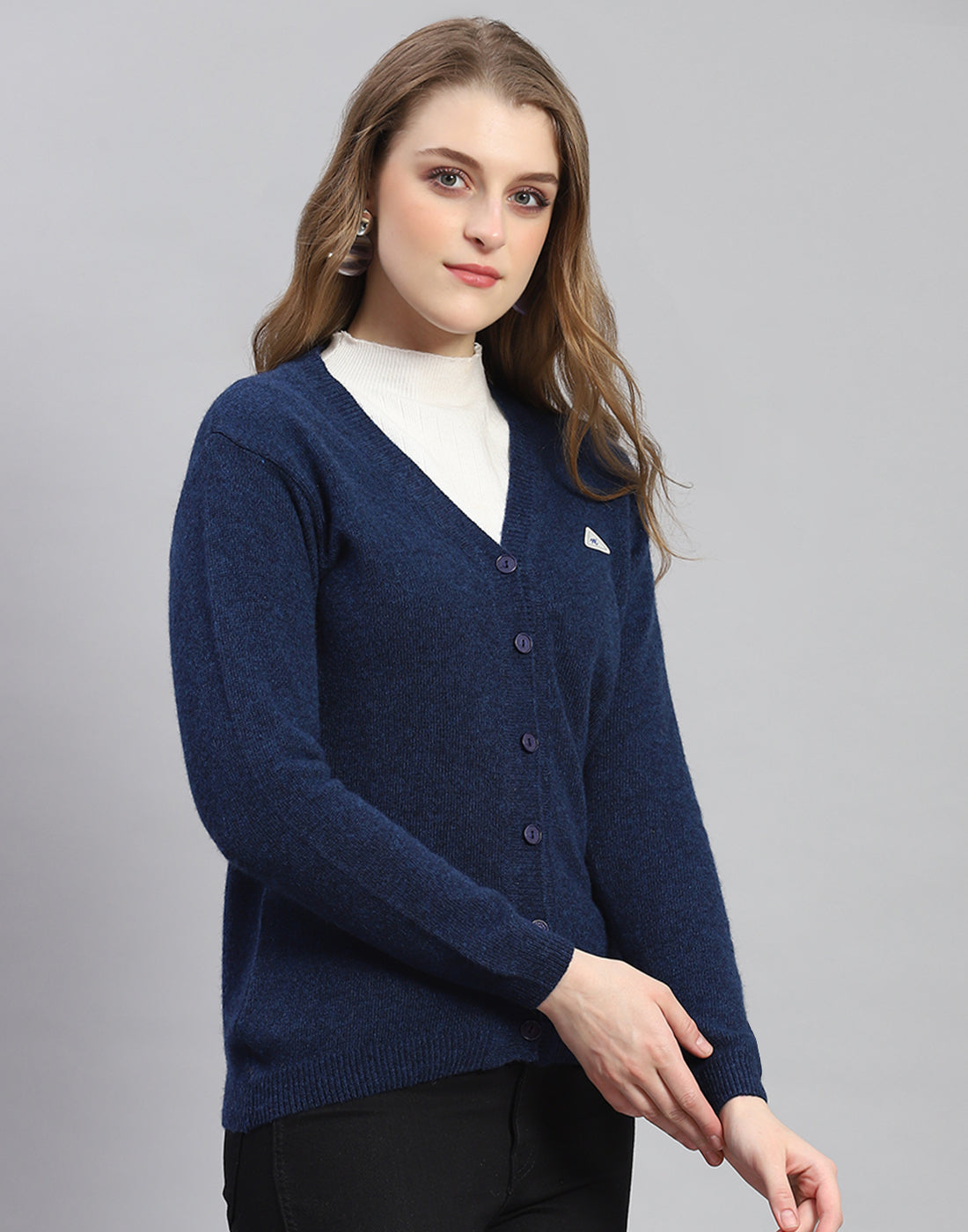 Women Navy Blue Solid V Neck Full Sleeve Cardigan