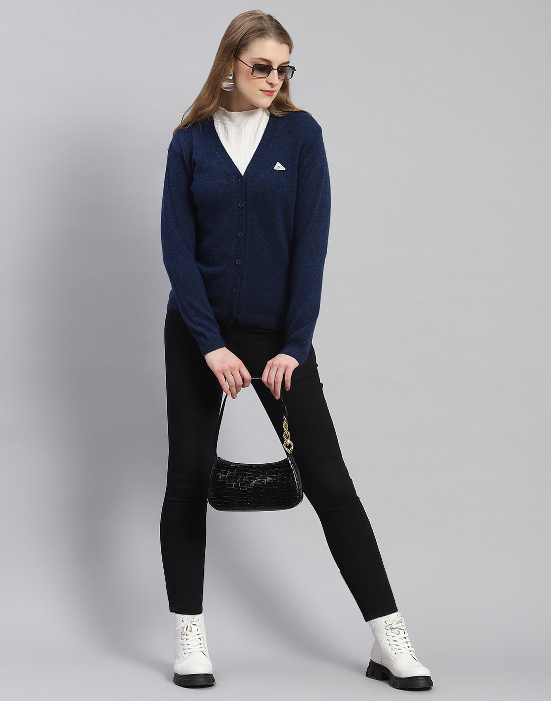 Women Navy Blue Solid V Neck Full Sleeve Cardigan