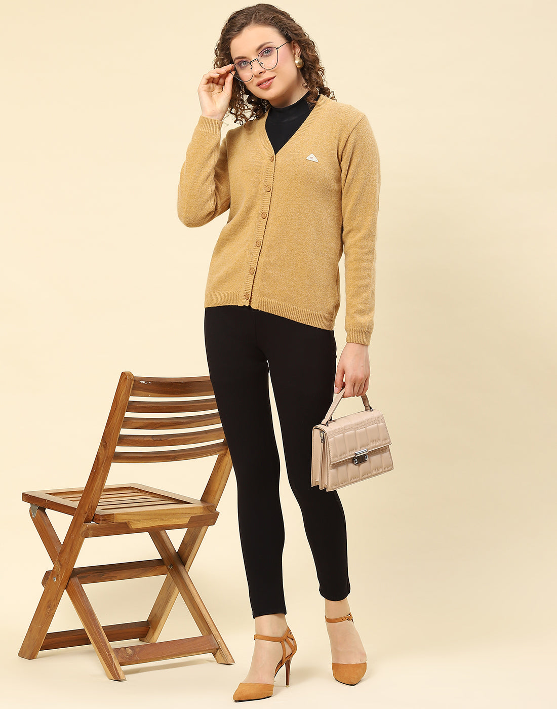 Women Brown Solid V Neck Full Sleeve Cardigan