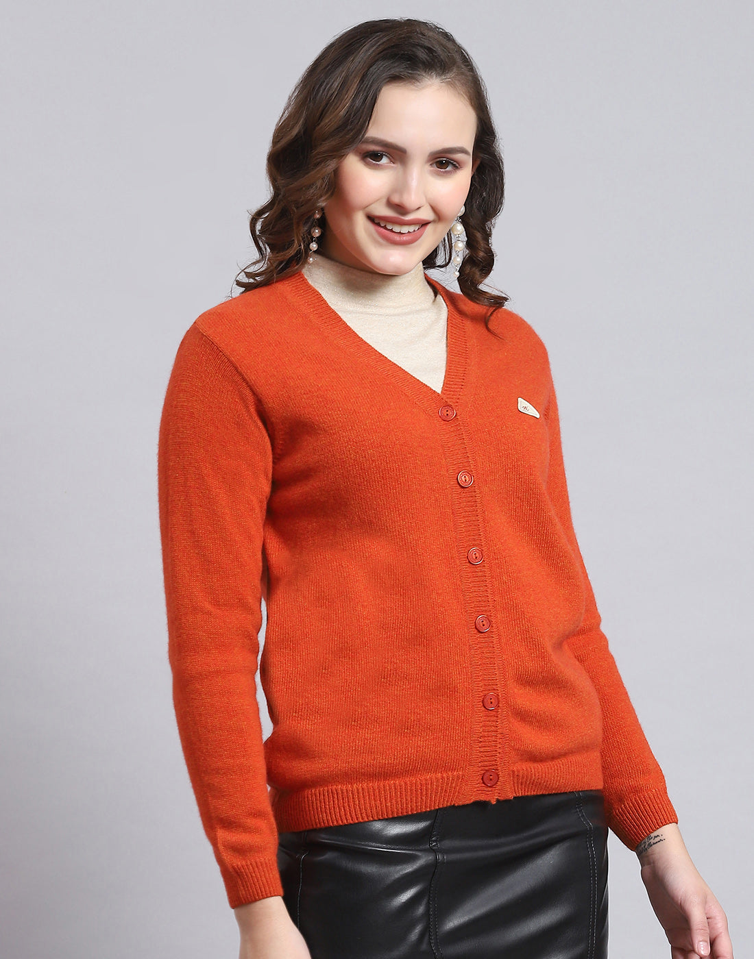 Women Orange Solid V Neck Full Sleeve Cardigan