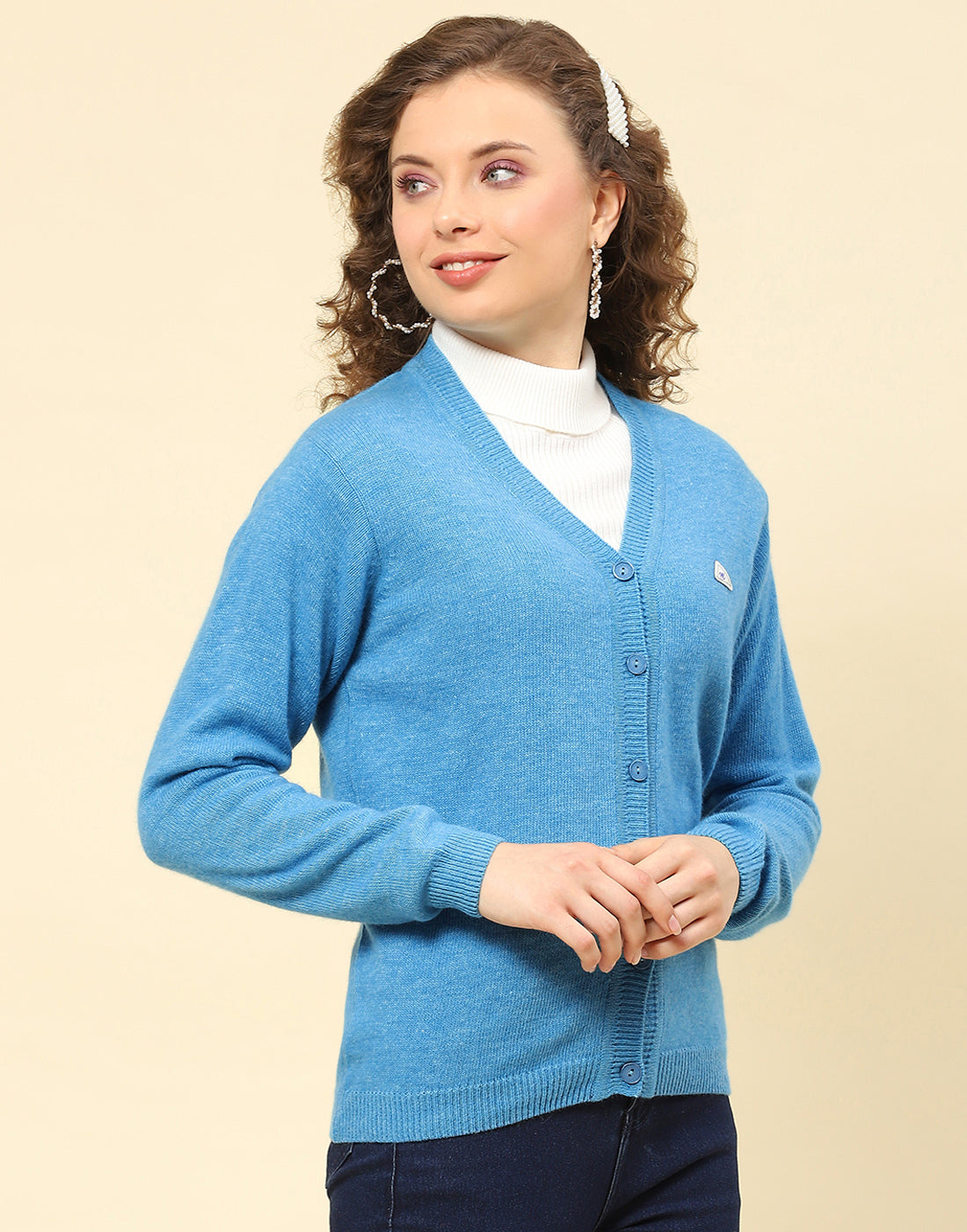 Women Blue Solid V Neck Full Sleeve Cardigan