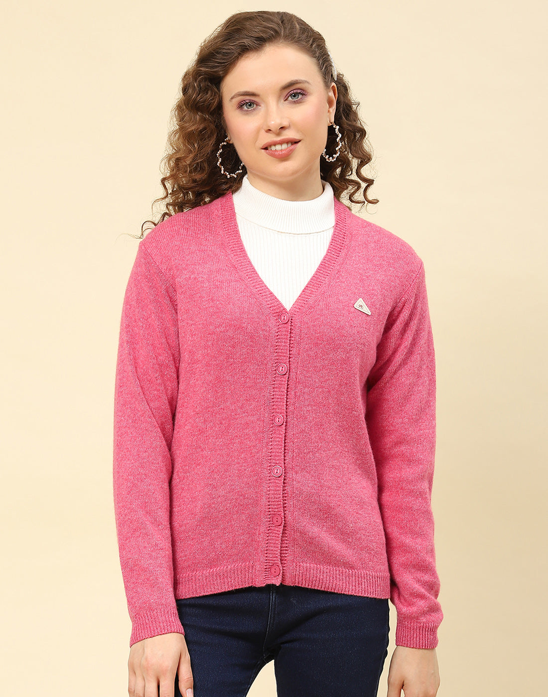 Women Pink Solid V Neck Full Sleeve Cardigan