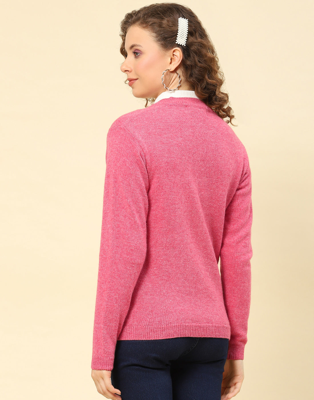 Women Pink Solid V Neck Full Sleeve Cardigan