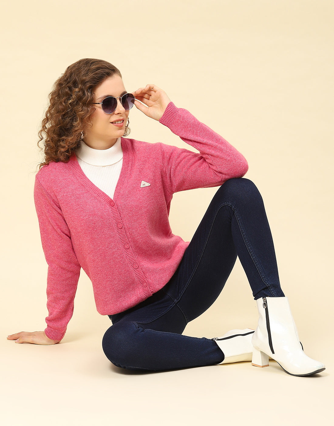 Women Pink Solid V Neck Full Sleeve Cardigan