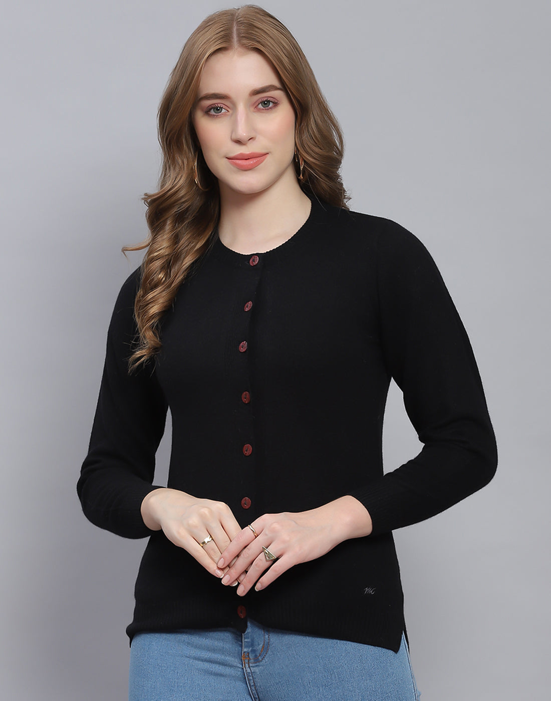 Women Black Solid Round Neck Full Sleeve Cardigan