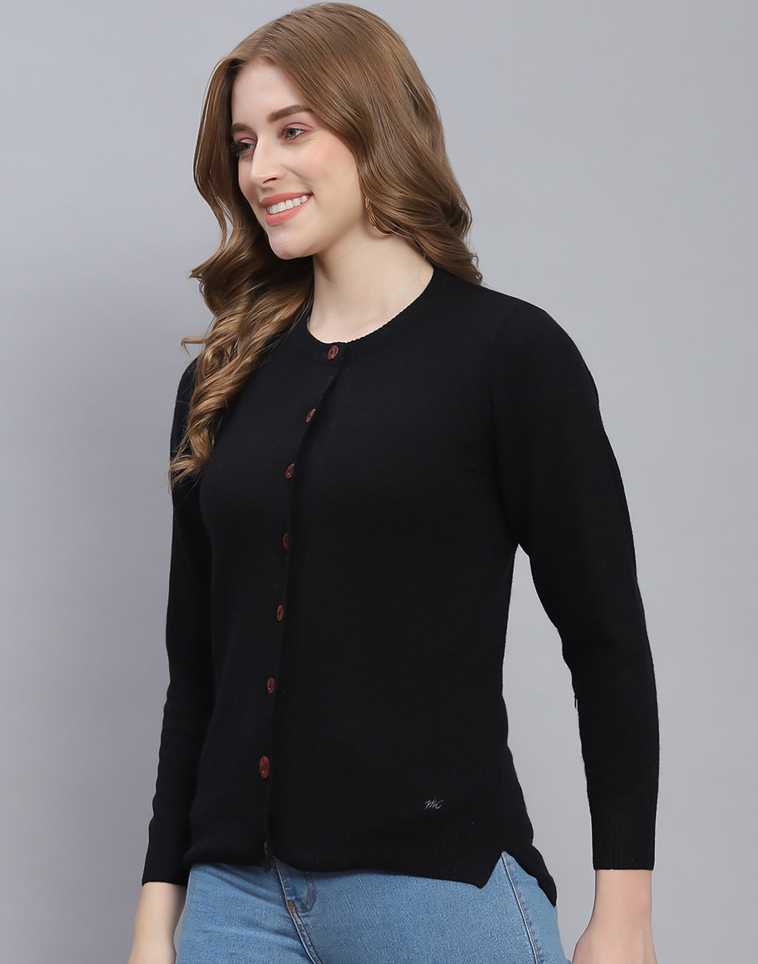 Women Black Solid Round Neck Full Sleeve Cardigan