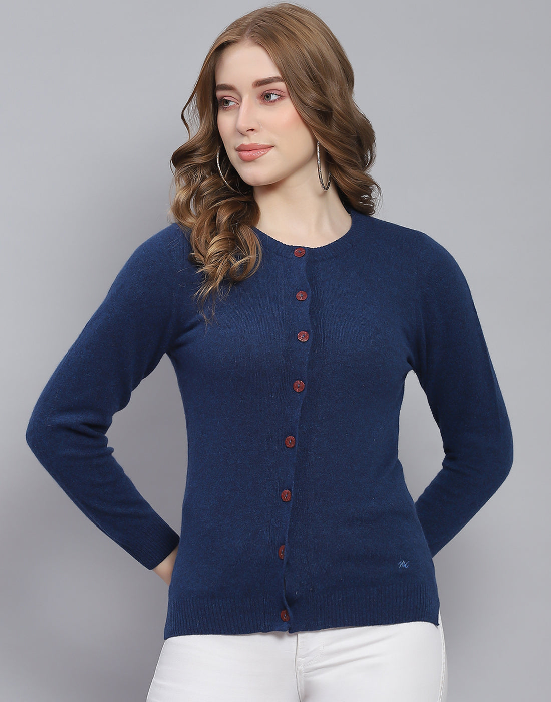 Women Blue Solid Round Neck Full Sleeve Cardigan