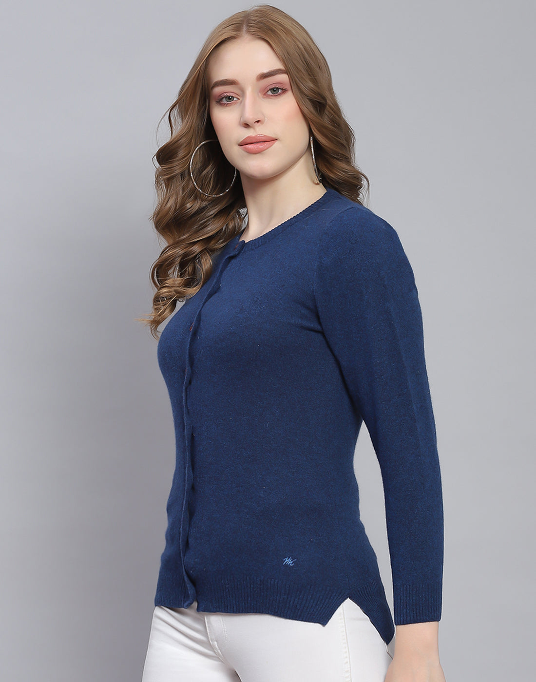 Women Blue Solid Round Neck Full Sleeve Cardigan