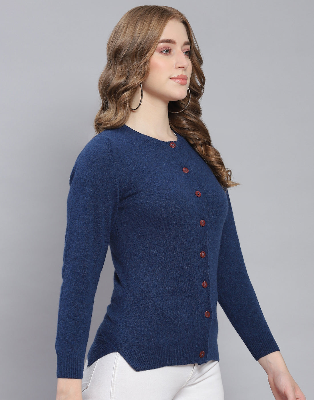 Women Blue Solid Round Neck Full Sleeve Cardigan