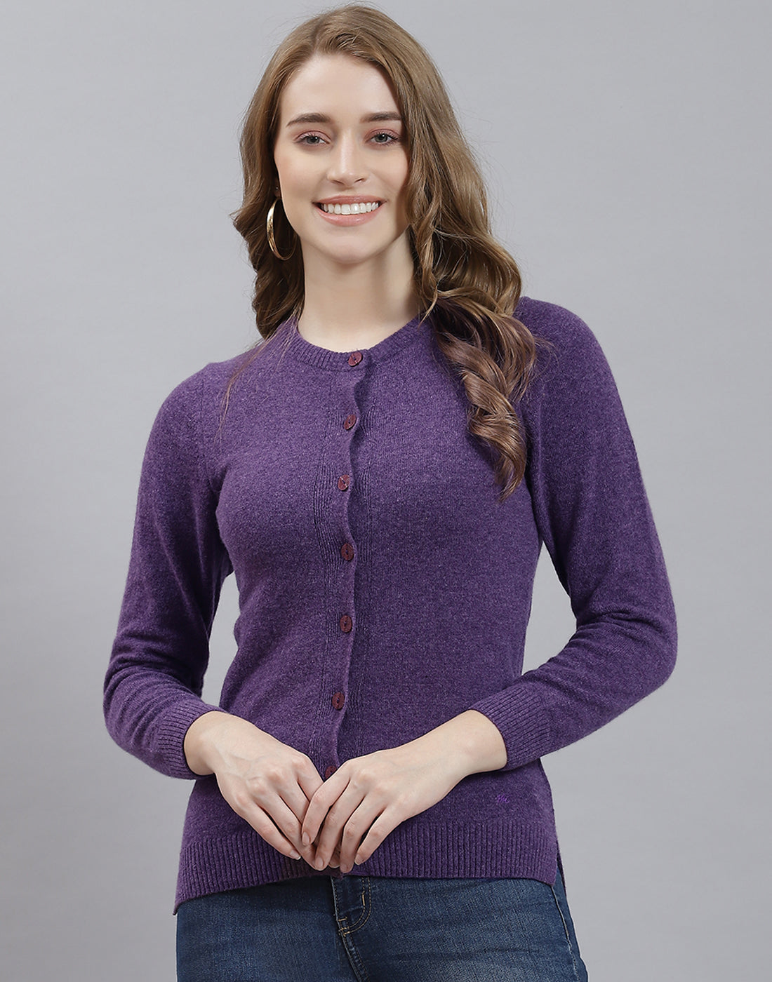 Women Purple Solid Round Neck Full Sleeve Cardigan