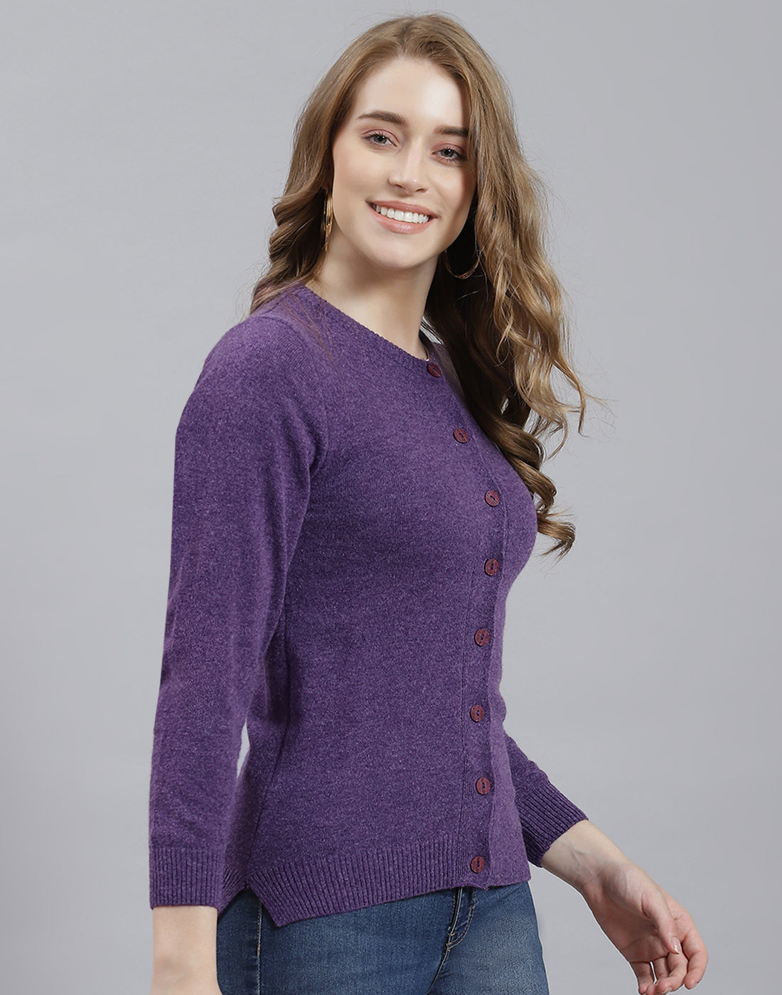 Women Purple Solid Round Neck Full Sleeve Cardigan