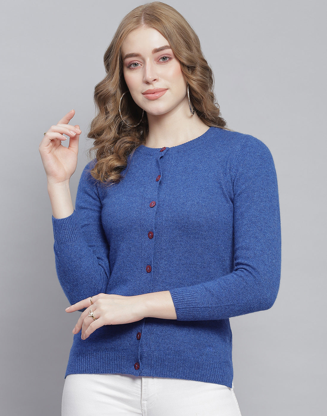 Women Blue Solid Round Neck Full Sleeve Cardigan