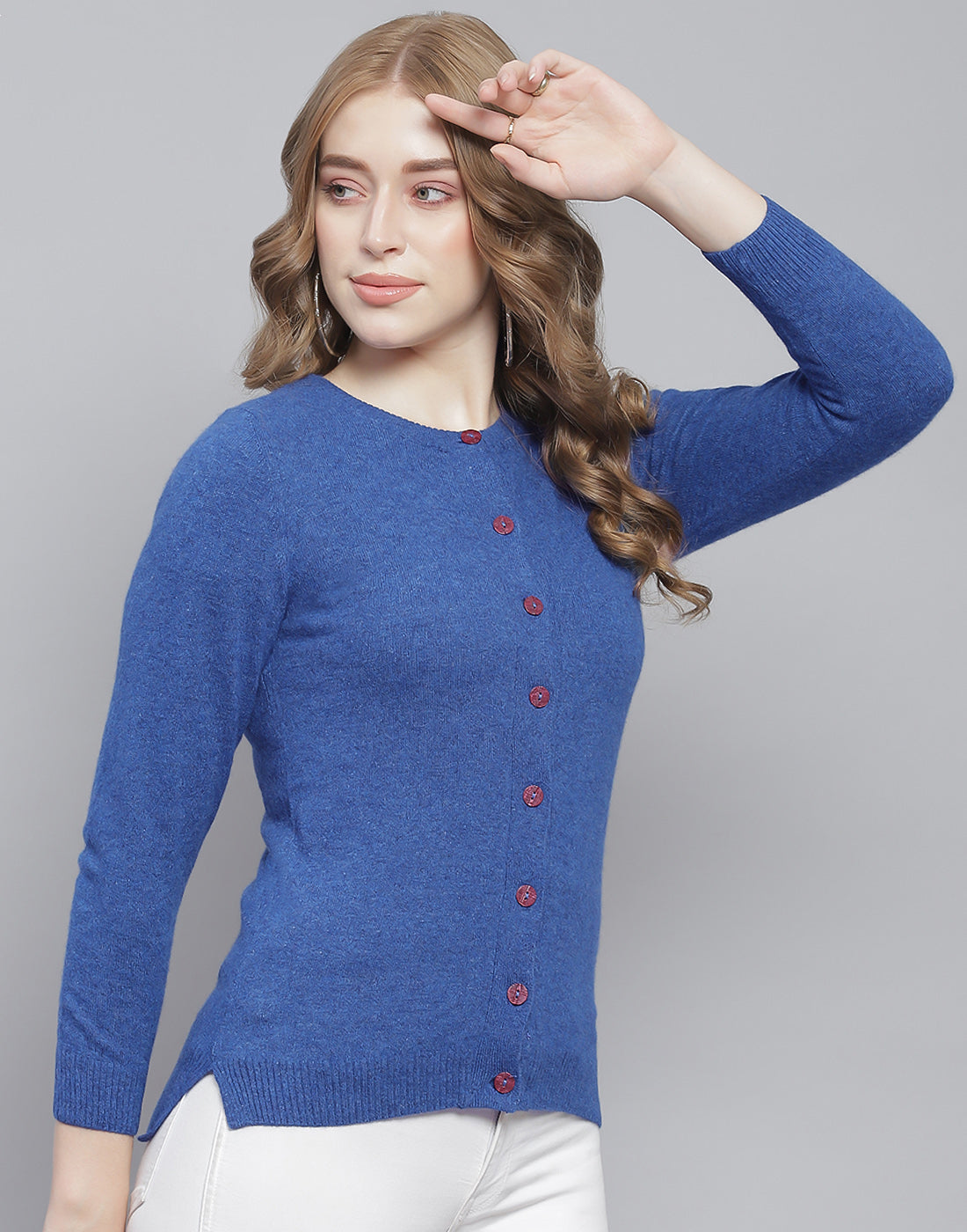 Women Blue Solid Round Neck Full Sleeve Cardigan