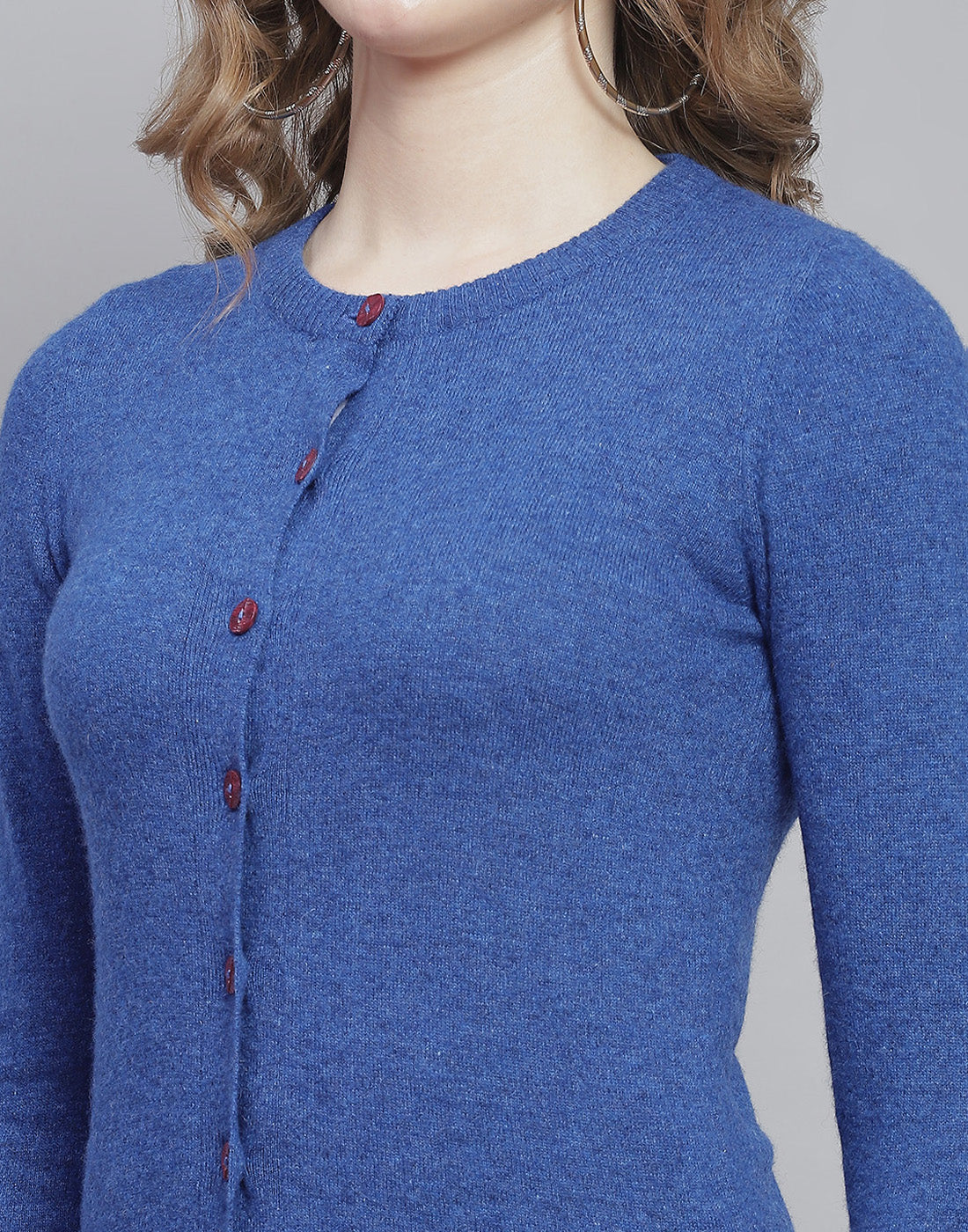 Women Blue Solid Round Neck Full Sleeve Cardigan