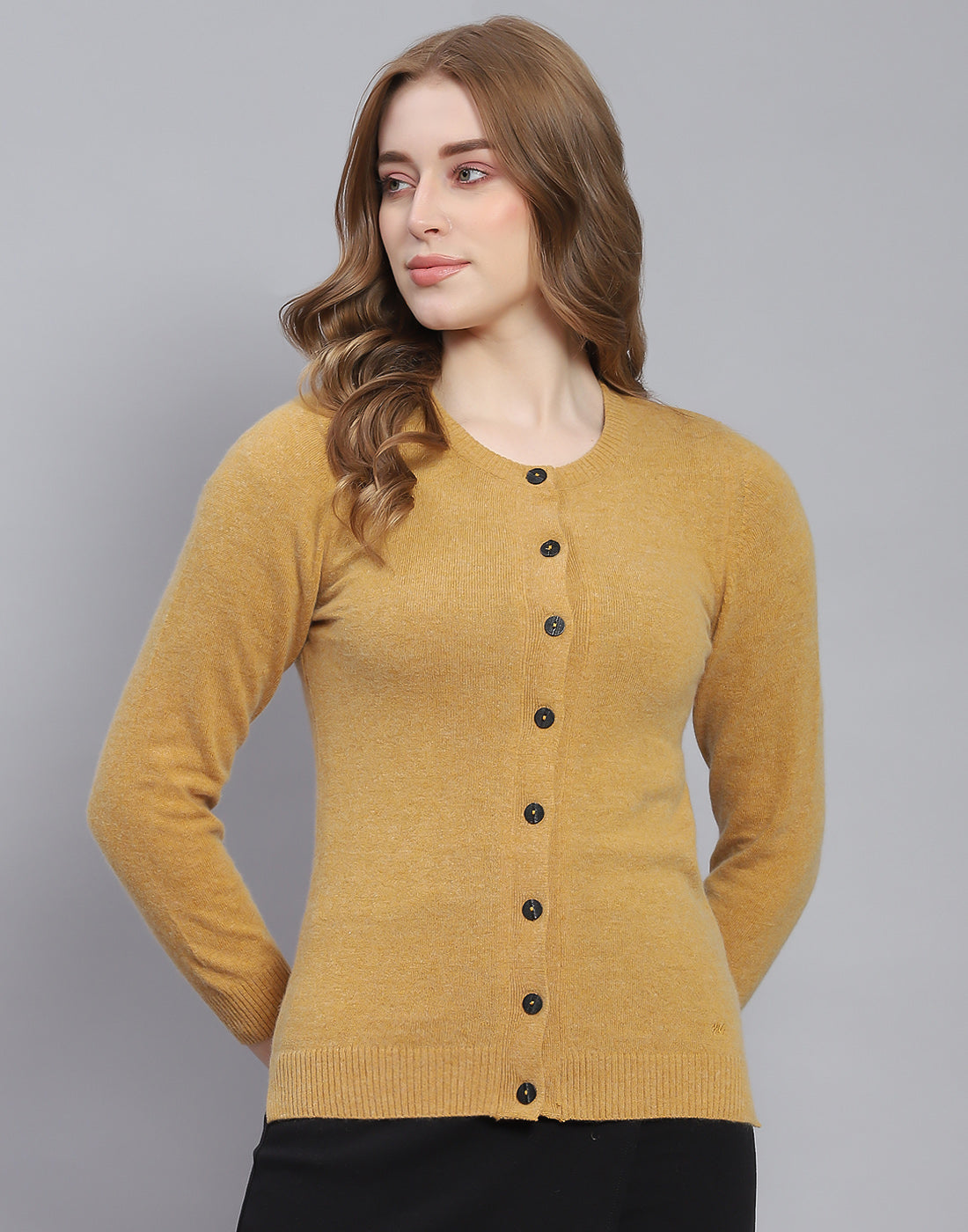 Women Brown Solid Round Neck Full Sleeve Cardigan