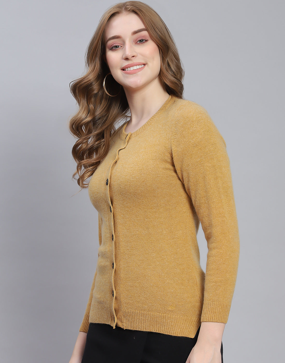 Women Brown Solid Round Neck Full Sleeve Cardigan