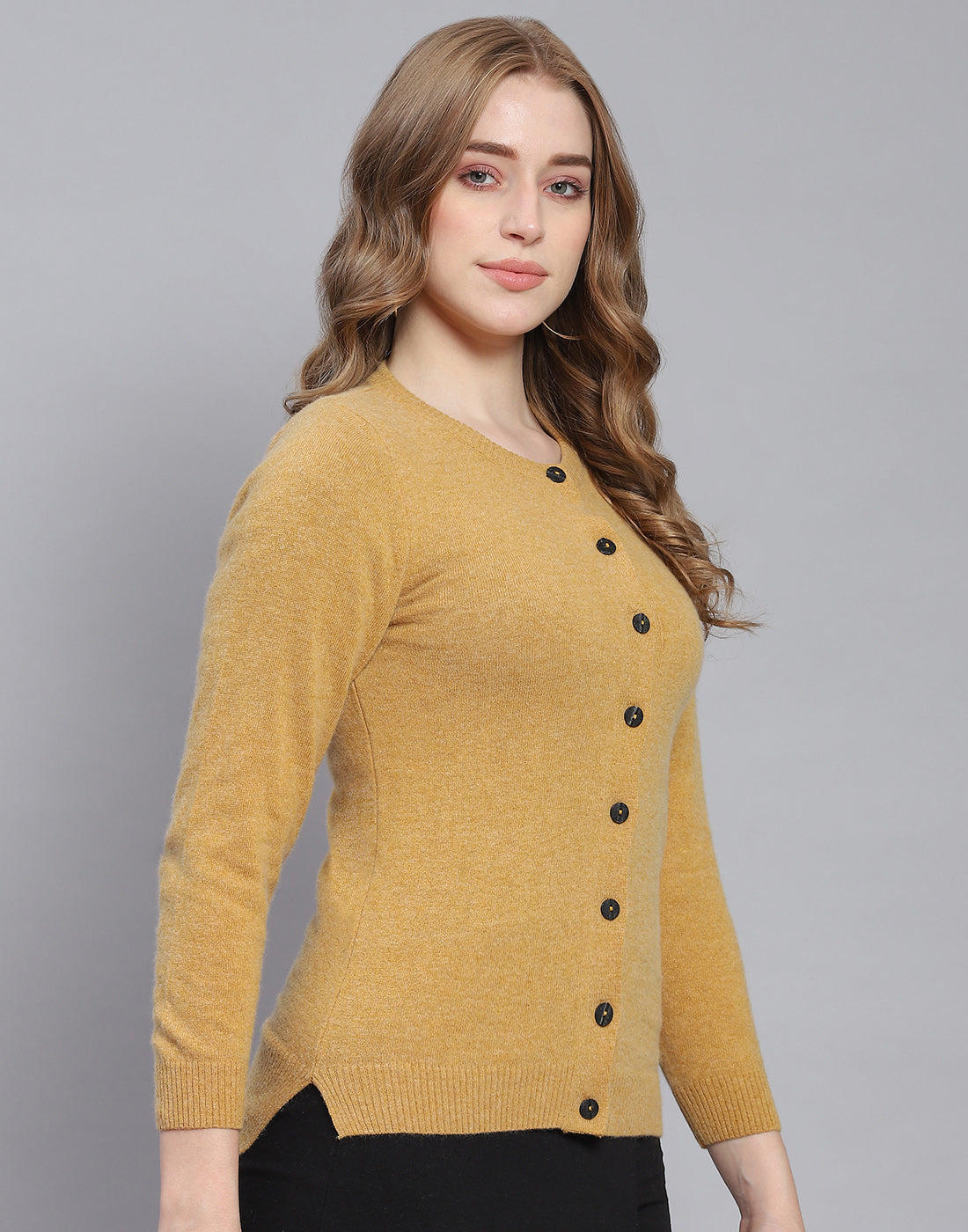 Women Brown Solid Round Neck Full Sleeve Cardigan