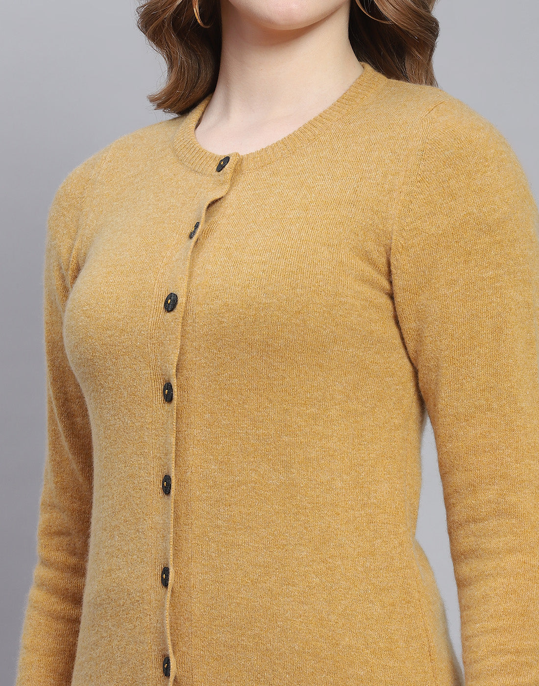 Women Brown Solid Round Neck Full Sleeve Cardigan