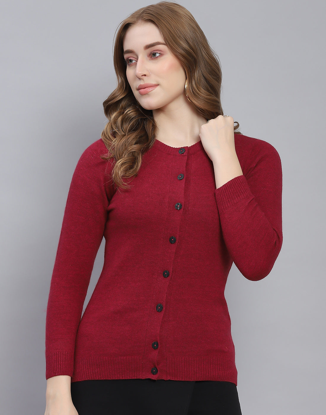 Women Maroon Solid Round Neck Full Sleeve Cardigan