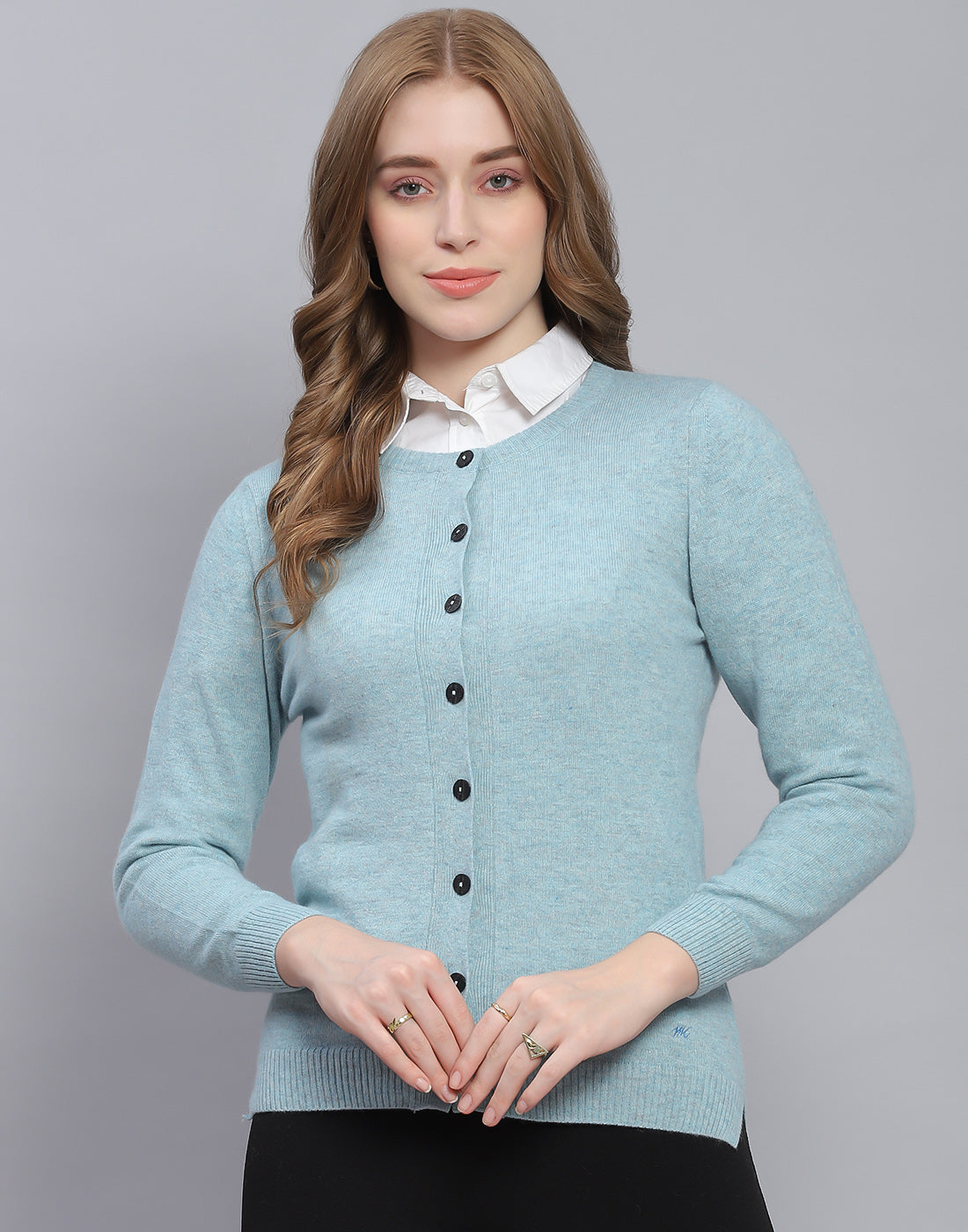 Women Blue Solid Round Neck Full Sleeve Cardigan