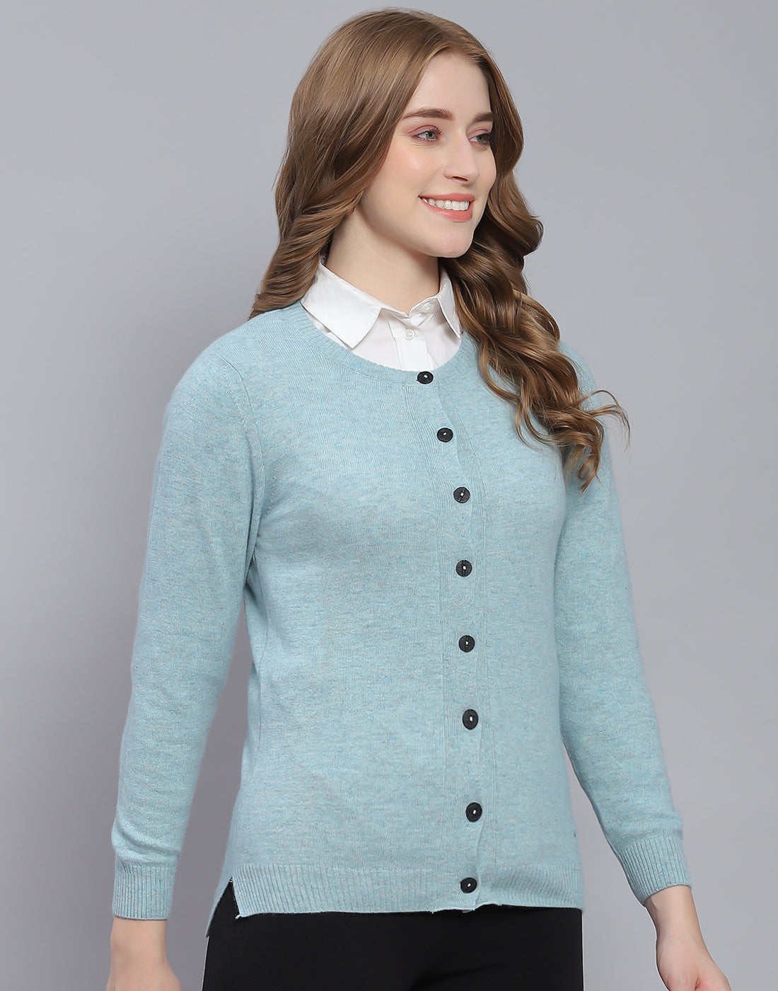 Women Blue Solid Round Neck Full Sleeve Cardigan