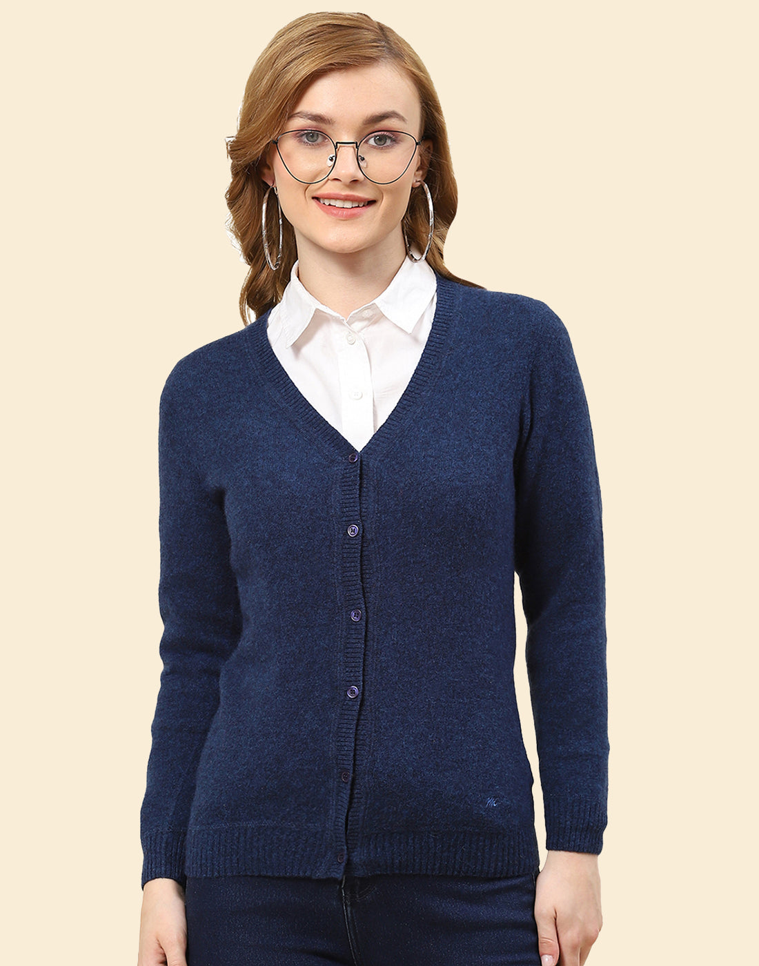 Women Navy Blue Solid V Neck Full Sleeve Cardigan