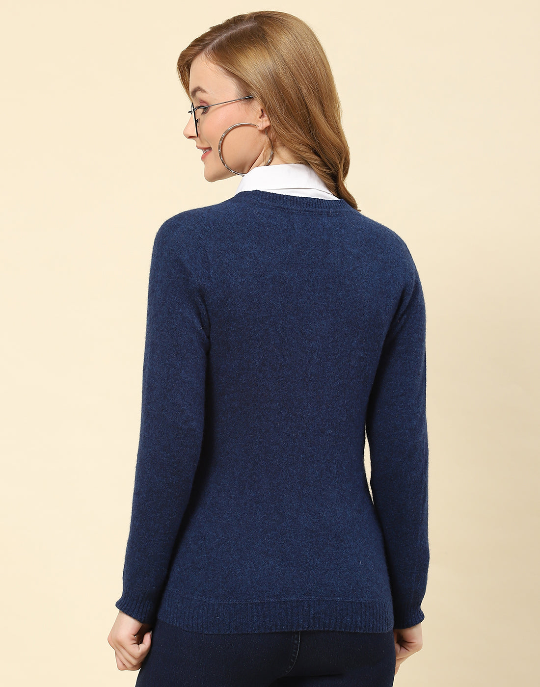 Women Navy Blue Solid V Neck Full Sleeve Cardigan