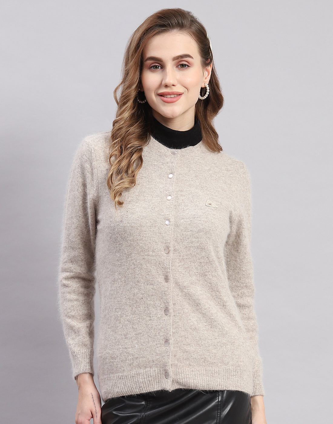 Women Beige Solid Round Neck Full Sleeve Cardigan