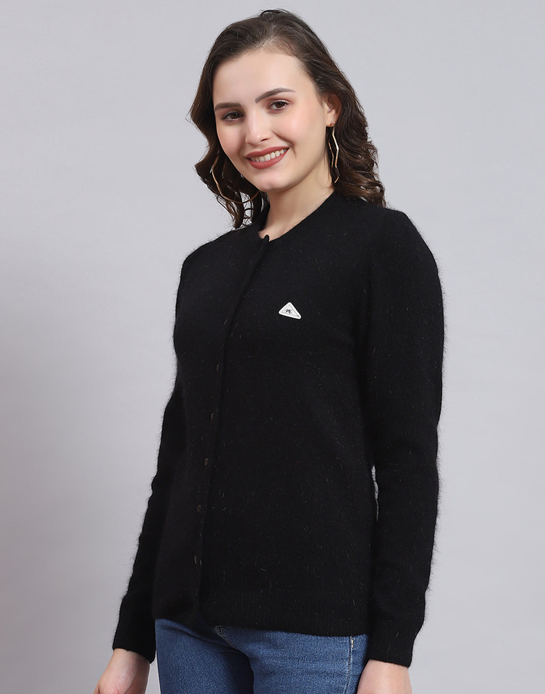 Women Black Solid Round Neck Full Sleeve Cardigan