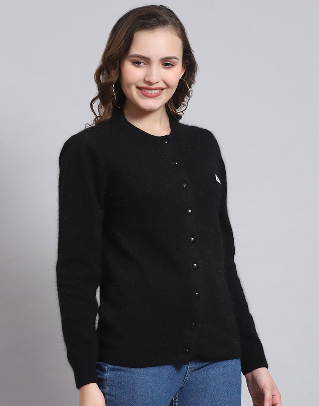 Women Black Solid Round Neck Full Sleeve Cardigan