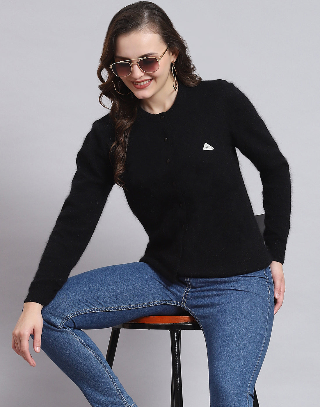 Women Black Solid Round Neck Full Sleeve Cardigan