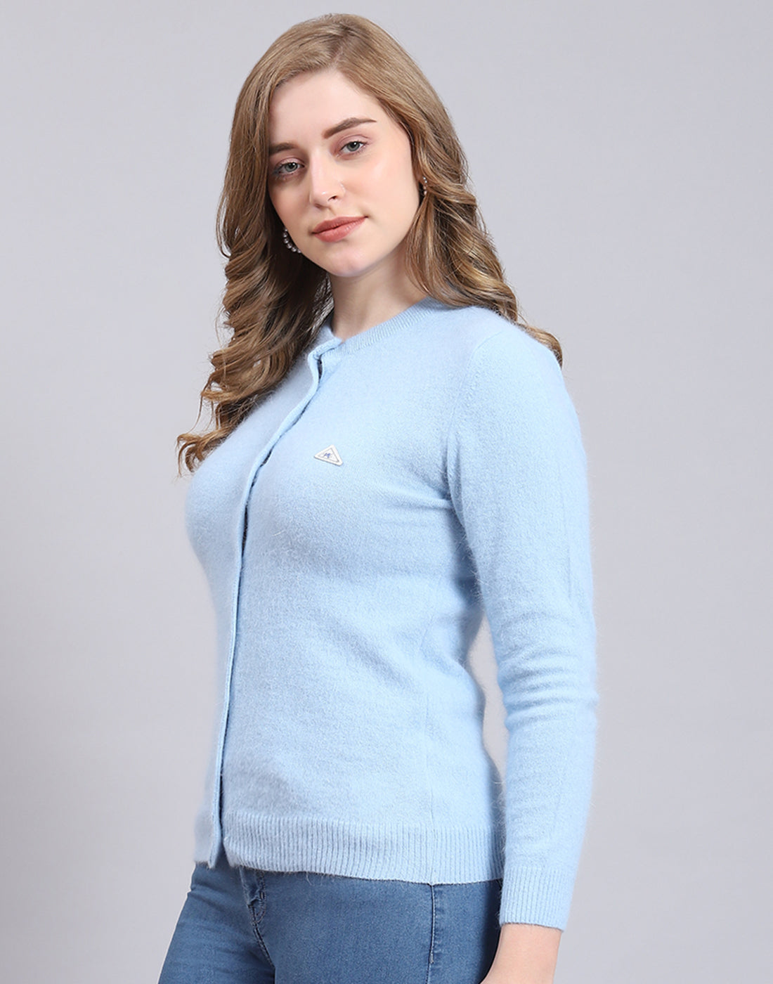 Women Blue Solid Round Neck Full Sleeve Cardigan