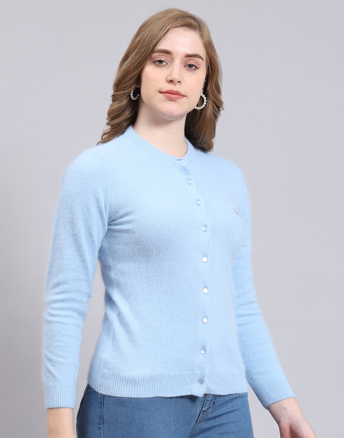 Women Blue Solid Round Neck Full Sleeve Cardigan