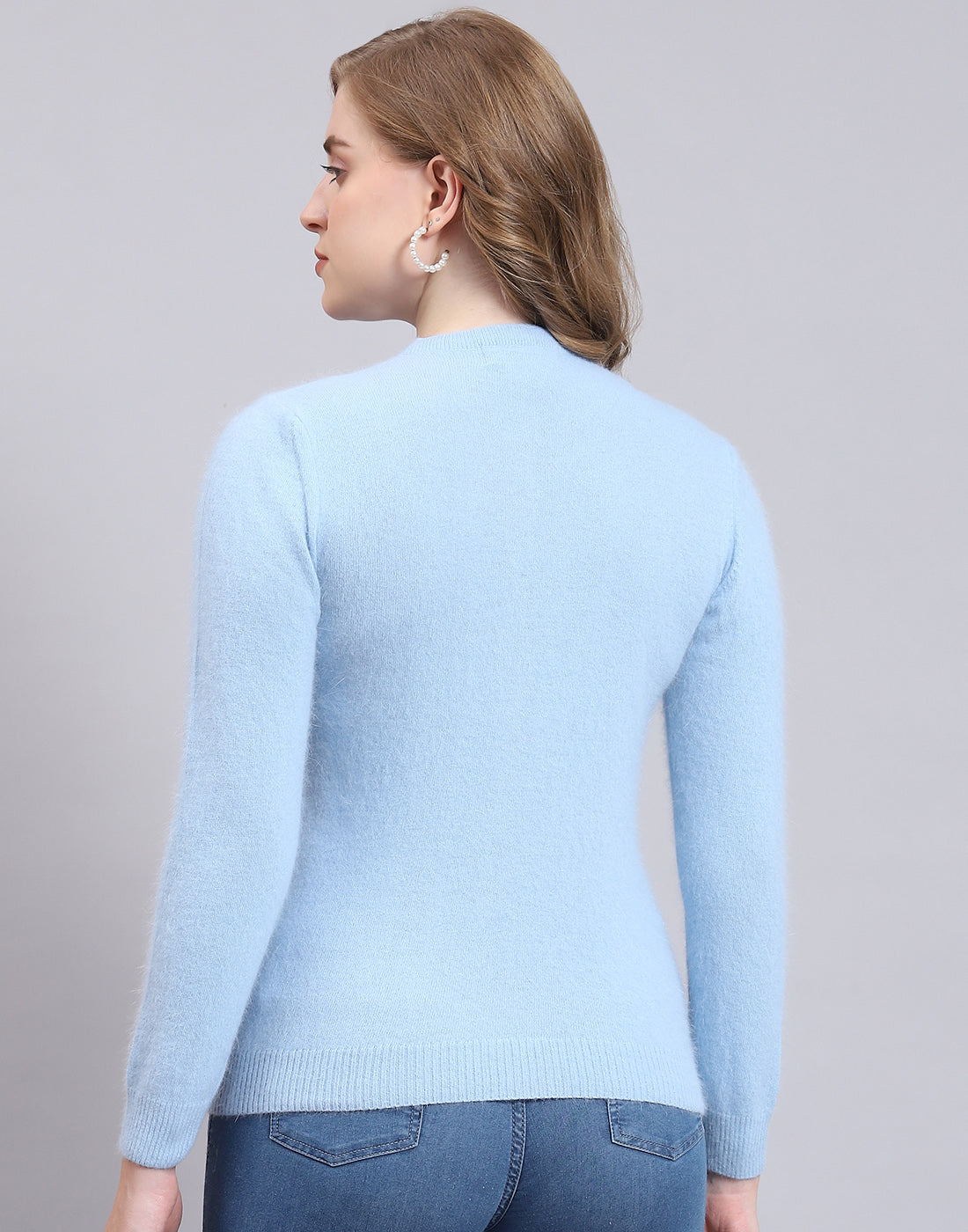 Women Blue Solid Round Neck Full Sleeve Cardigan