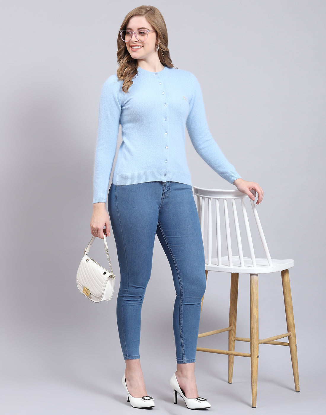 Women Blue Solid Round Neck Full Sleeve Cardigan