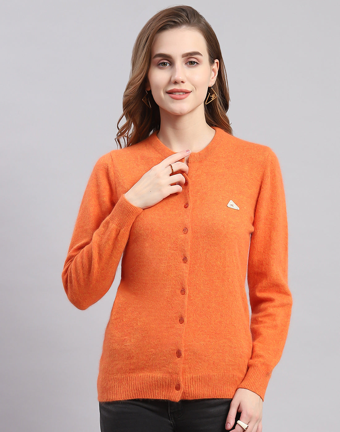 Women Orange Solid Round Neck Full Sleeve Cardigan