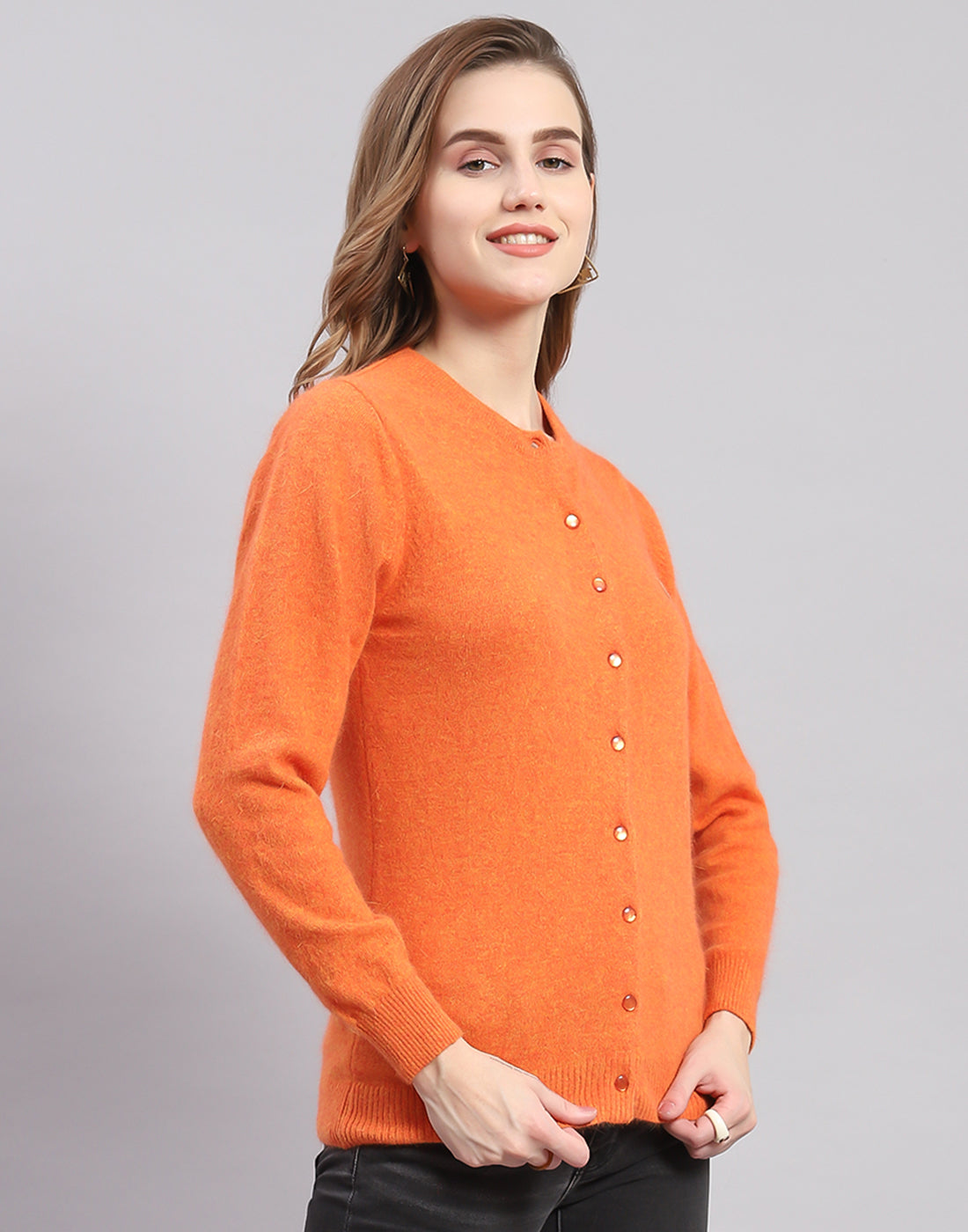 Women Orange Solid Round Neck Full Sleeve Cardigan