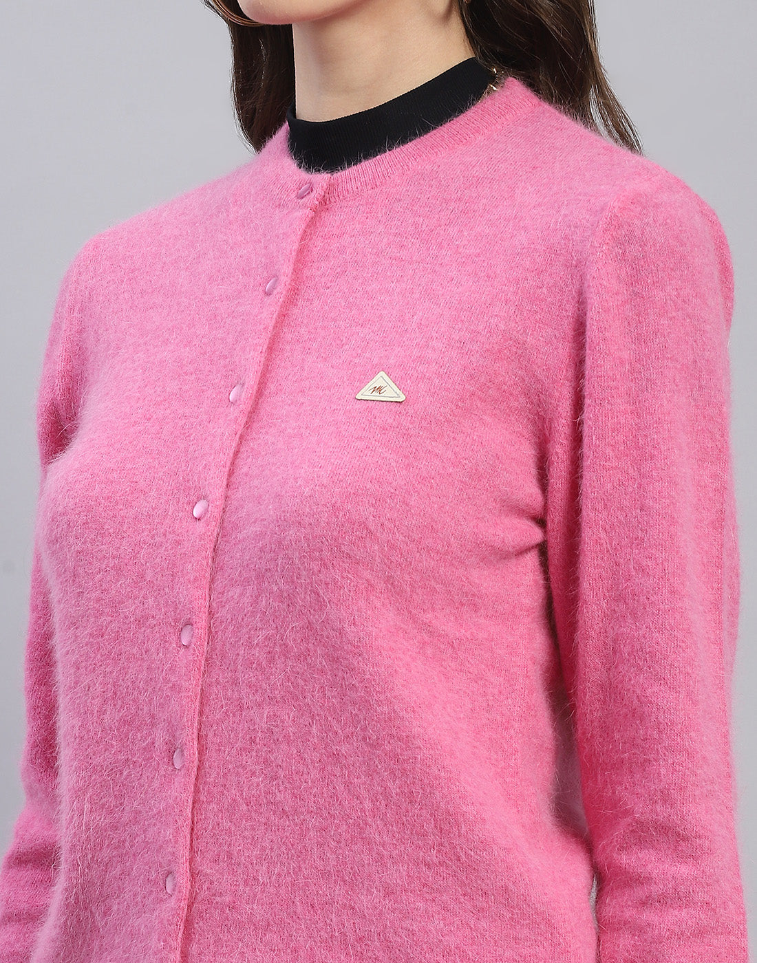 Women Pink Solid Round Neck Full Sleeve Cardigan