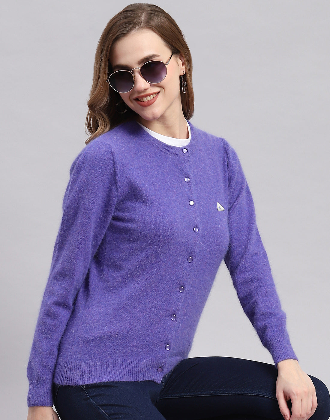 Women Purple Solid Round Neck Full Sleeve Cardigan